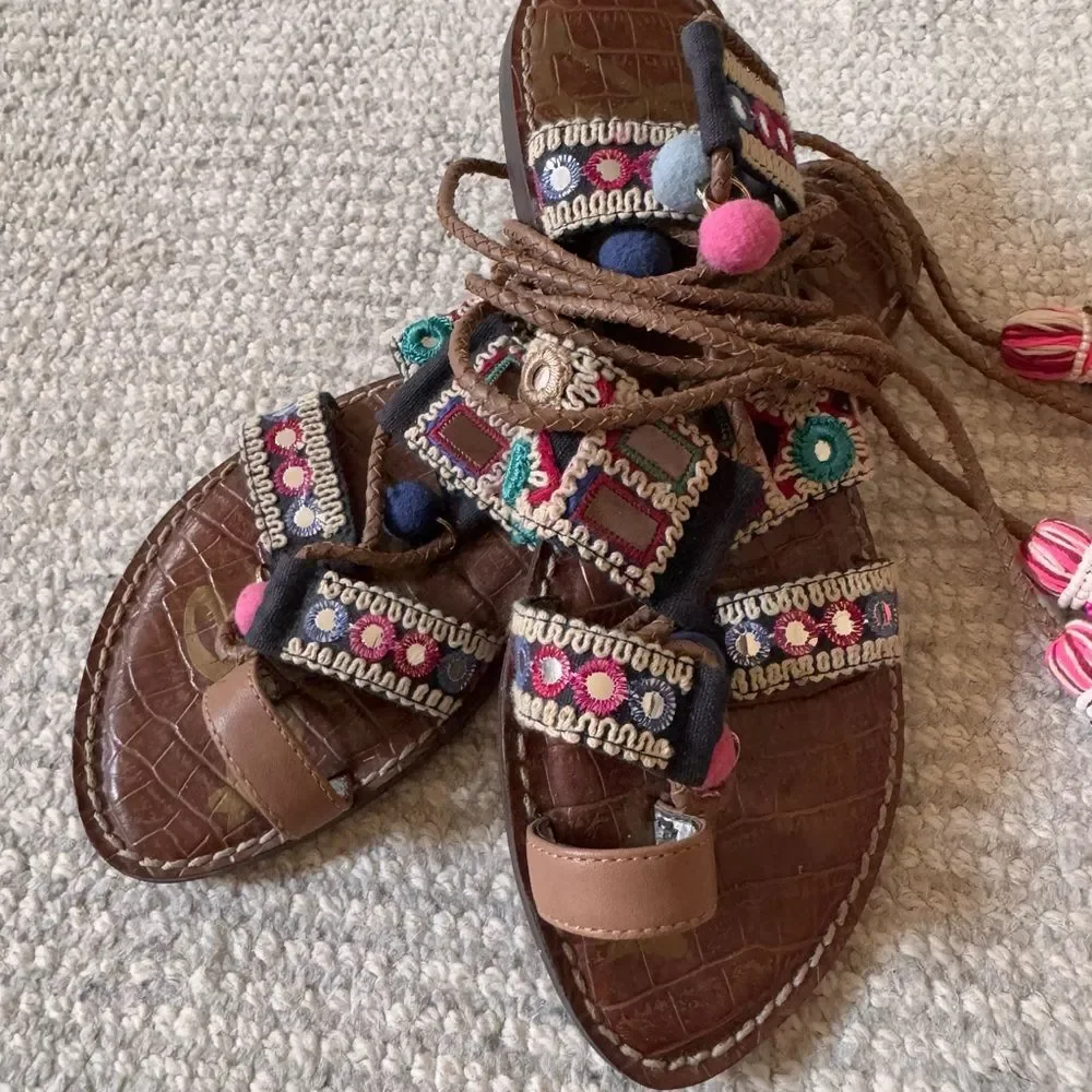 Sam Edelman Bohemian Embroidered Greek Leather Sandals with Pink Tassels